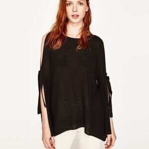 NWT Zara Knit Black Cold Shoulder Tie Sleeve Sweater Top Women’s Small